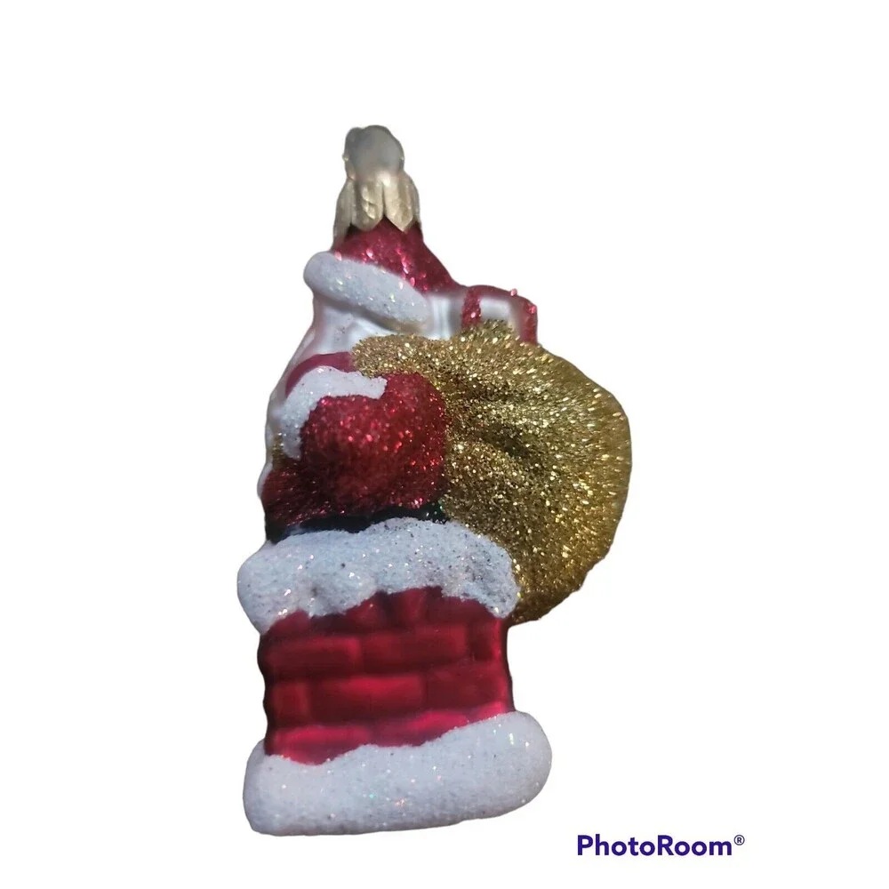 IMPULS CHRISTMAS MOUTH BLOWN HAND PAINTED ORNAMENT SANTA AND CHIMNEY with box